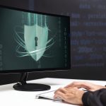 Hacker cracking the binary code data security